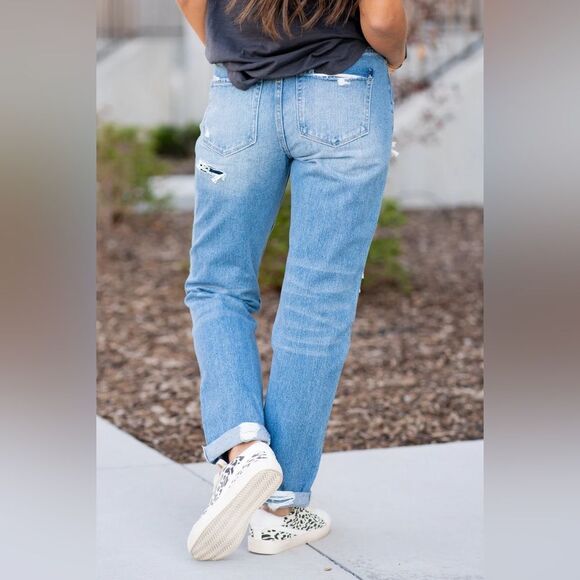 Flying Monkey Luv Story Distressed Patchwork Blue Denim Boyfriend Jeans Size 29 - Picture 2 of 10